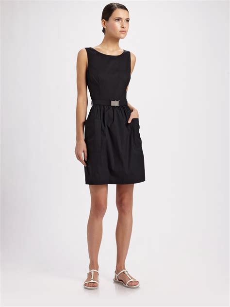 prada black strapless dress|Prada sleeveless belted black dress.